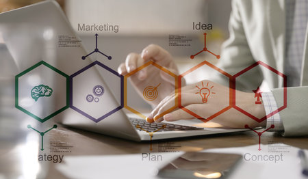 Double exposure of man working on laptop in office and scheme, closeup. digital marketing conceptの写真素材