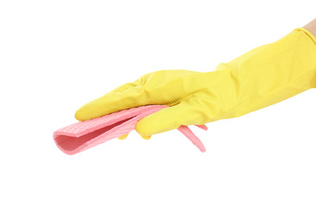 Person in rubber glove with rag on white background, closeup of hand