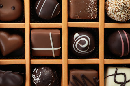 Box with different chocolate candies as background, top view