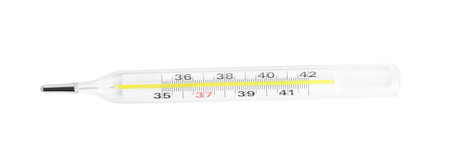 Mercury thermometer on white background, top view