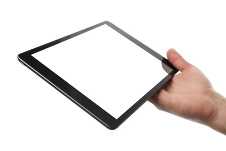 Man holding tablet computer with blank screen on white background, closeup. modern gadgetの写真素材