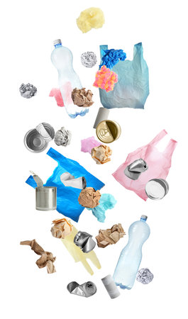 Set of different falling garbage on white background. Waste management and recyclingの写真素材