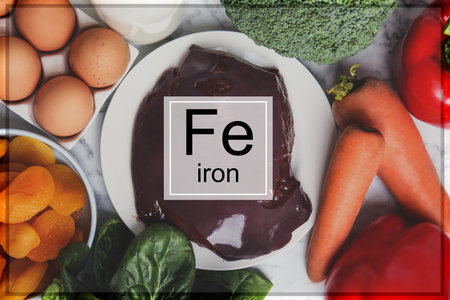 Fresh products rich in iron on table, flat layの写真素材
