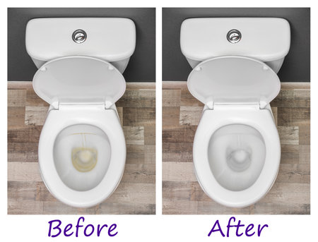 Toilet bowl before and after cleaning indoors, top viewの写真素材
