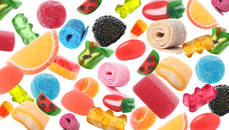 Set of different jelly candies falling on white background, banner designの写真素材