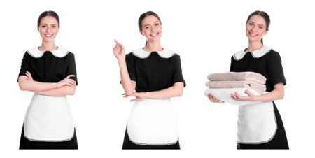 Collage with photos of chambermaid on white background. banner design