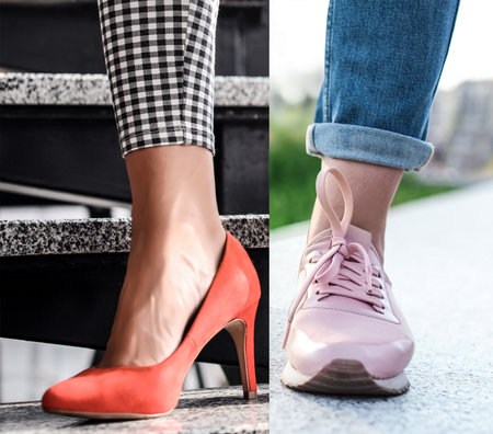 Woman in different shoes, closeup. Concept of balance between work and lifeの写真素材