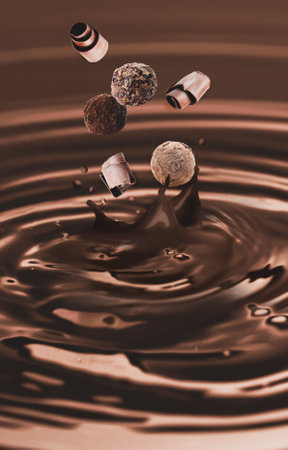 Yummy melted chocolate splashing with falling curls and candiesの素材 [FY310198000239]