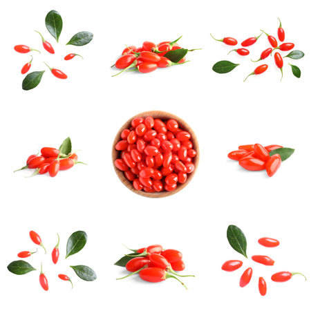 Set of fresh goji berries on white backgroundの写真素材