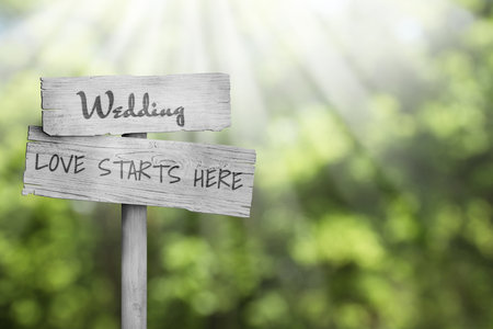 Wooden plaques with inscriptions Wedding and Love Starts Here outdoors, space for textの写真素材