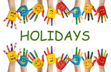 school holidays. Children with painted palms on white background, closeupの写真素材