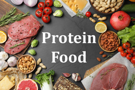 Flat lay composition with food rich in protein on black tableの写真素材
