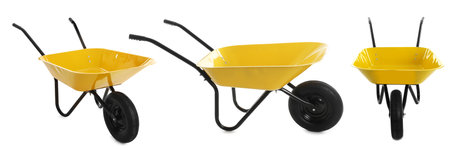 Set of new yellow wheelbarrows on white background, banner design. gardening toolの写真素材