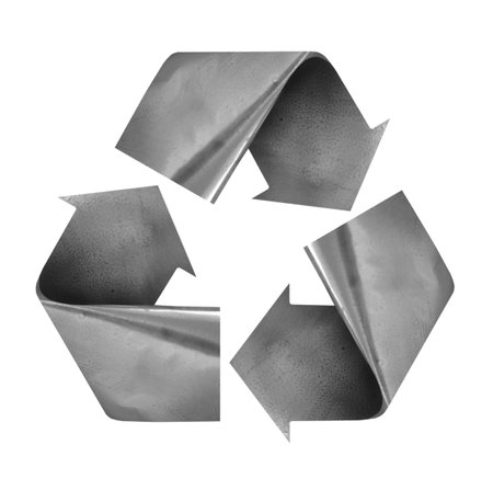Recycling symbol made of aluminum can on white backgroundの写真素材