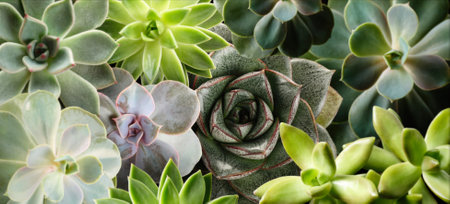 Different beautiful succulents as background, top view. banner designの写真素材