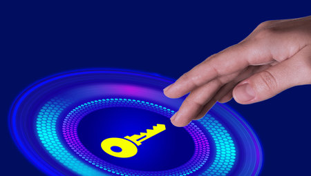 Concept of keywords research and modern technology. Woman pointing at key icon on blue background,...