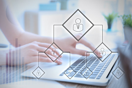 Double exposure of woman working on laptop and scheme, closeup. digital marketing conceptの写真素材