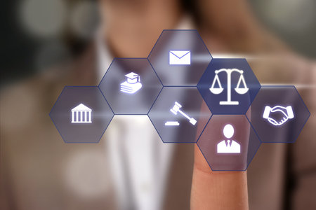 Lawyer touching virtual screen with different icons, closeupの写真素材