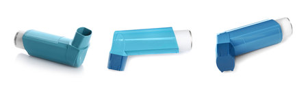 Set with portable asthma inhalers on white background. banner design