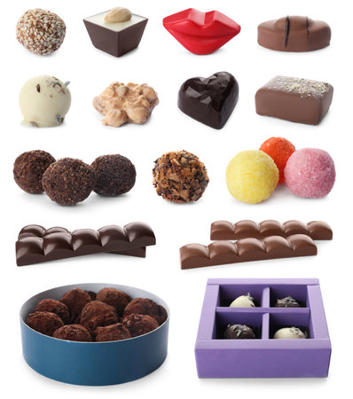 Set with different chocolate candies on white backgroundの写真素材
