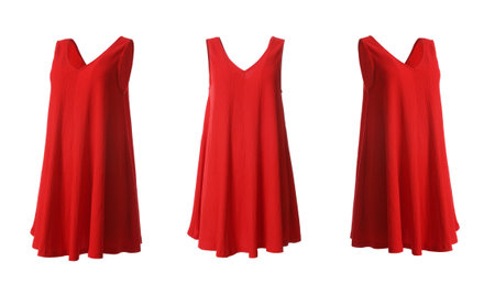 Set of beautiful short red dresses from different views on white backgroundの写真素材
