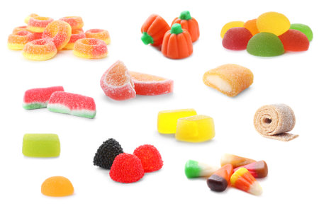 Set of different jelly candies on white backgroundの写真素材