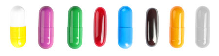 Set with colorful pills on white background, top view. banner design