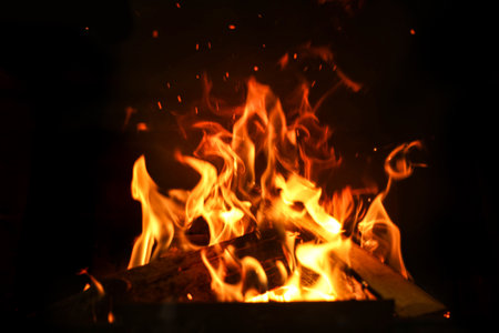 Fireplace with burning wood, closeup view. winter holidays