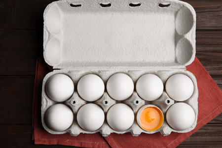 Fresh raw chicken eggs in box on wooden table, flat lay