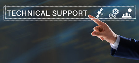 Businessman using virtual screen against color background, banner design. technical support serviceの写真素材