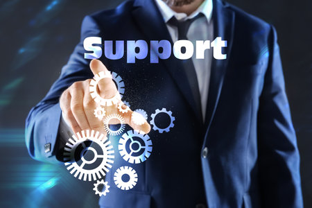 Businessman using virtual screen against color background, closeup. technical support serviceの写真素材