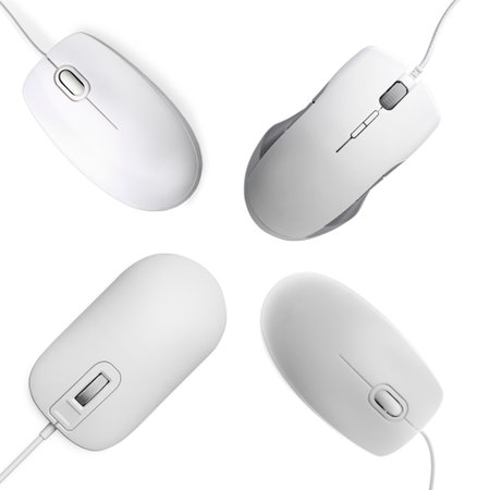 Modern computer mouse collection on white background, top viewの写真素材