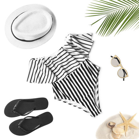 Set of different beach accessories on white background, top viewの写真素材