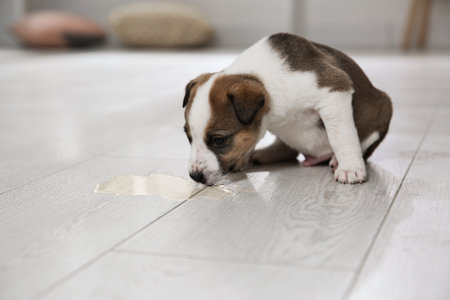 Adorable puppy near puddle on floor indoorsの写真素材