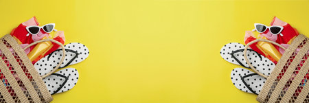 Bags with beach accessories and cosmetic products on yellow background, space for text. Banner...