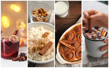 Collage of different photos with aromatic cinnamonの写真素材