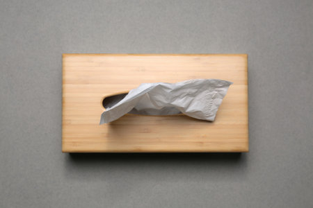 Holder with paper tissues on grey background, top viewの写真素材