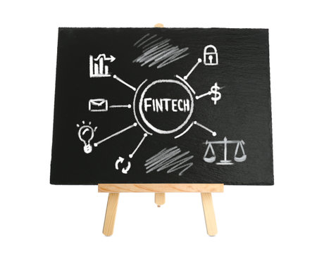 Fintech concept. Scheme with drawings and chalk on blackboard, white backgroundの写真素材