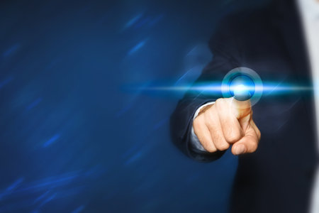 Man pressing button on virtual screen, closeup. Space for text