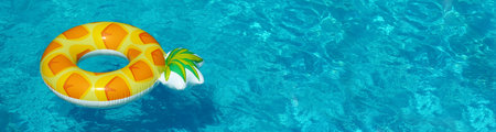 Bright inflatable pineapple ring floating in swimming pool on sunny day, space for text. banner...