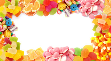 Frame made of different jelly candies on white background