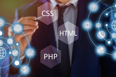 web development. Man using button CSS on virtual screen, closeup