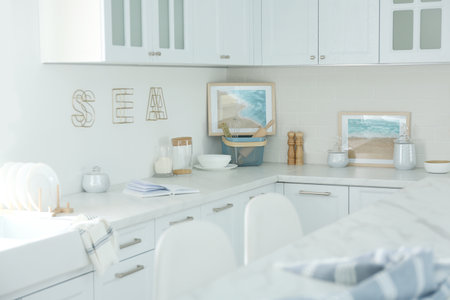 Beautiful kitchen interior with new stylish furnitureの写真素材