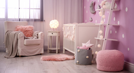 Baby room interior with comfortable crib. banner designの写真素材