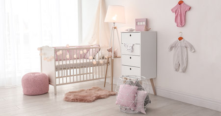 Baby room interior with comfortable crib. banner design