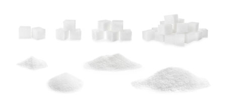 Set with refined sugar on white background. banner designの写真素材