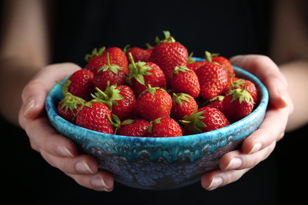 Woman holding bowl with tasty strawberries on black background, closeupの写真素材