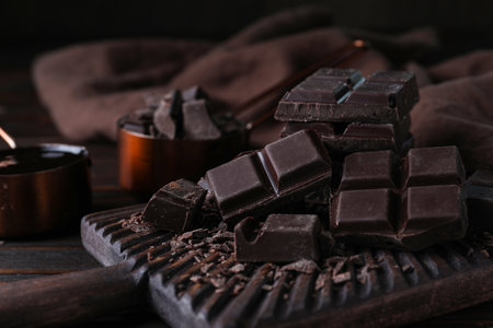 Delicious dark chocolate on wooden board, closeupの写真素材