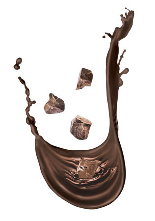 Yummy melted chocolate splash with falling chunks on white backgroundの写真素材
