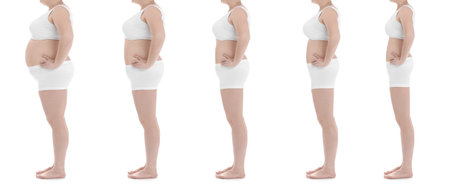 Collage with photos of overweight woman before and after weight loss on white background,closeup. banner designの写真素材